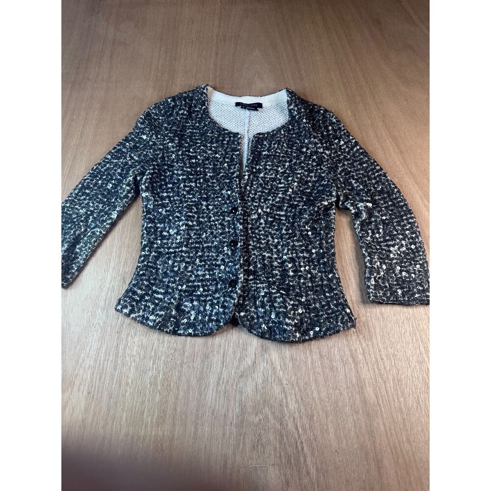 Etcetera Sequin Tweed Knit Jacket Womenās Small Black Silver Boucle Blazerā